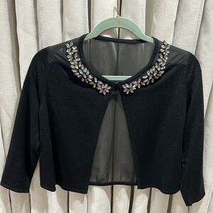 New York & Company Black Cardigan with Rhinestone Collar & Sheer Back